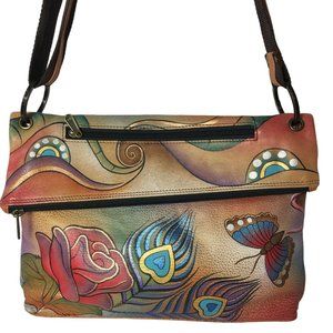 Anuschka NEVER USE Handpaint Leather Asymmetric Crossbody Rose Peacock